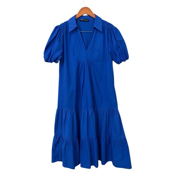 Zara Cotton Poplin Midi Dress Medium Cobalt Royal Blue Collared Tiered Preppy - Picture 12 of 12